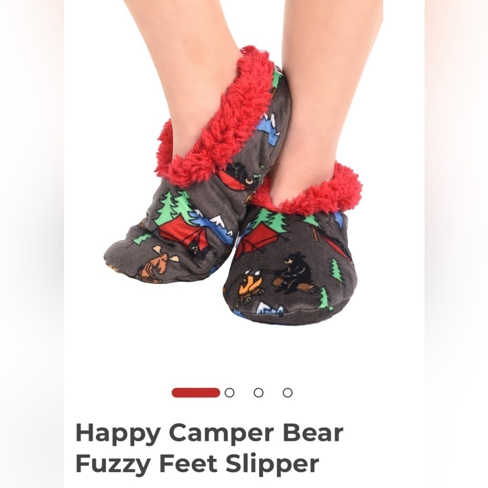 Lazy One Happy Camper Bear Fuzzy Feet Slippers, size L/XL 7 - 9 gripper